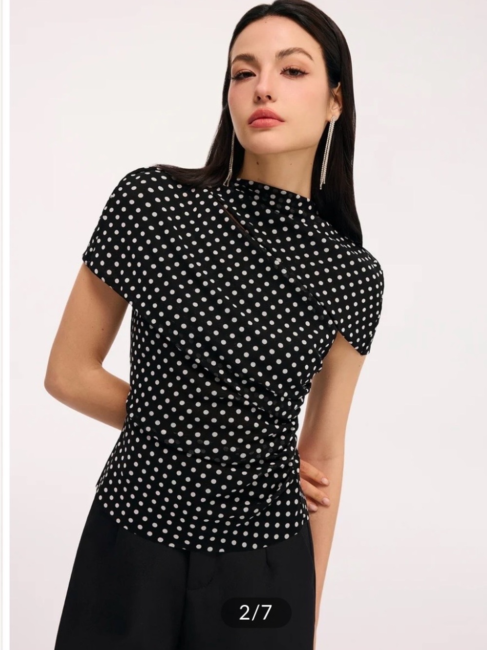 Commense Black Polka Dot Cut-out Ruched Draped Short Sleeve Top - Picture 3 of 7